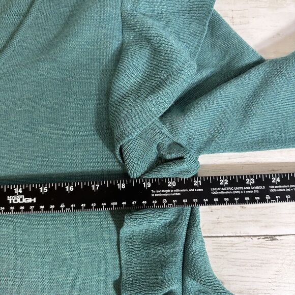 John + Jenn Anthropologie Size M Teal Wool Blend Side Ruffle V Neck Sweater - Picture 6 of 7